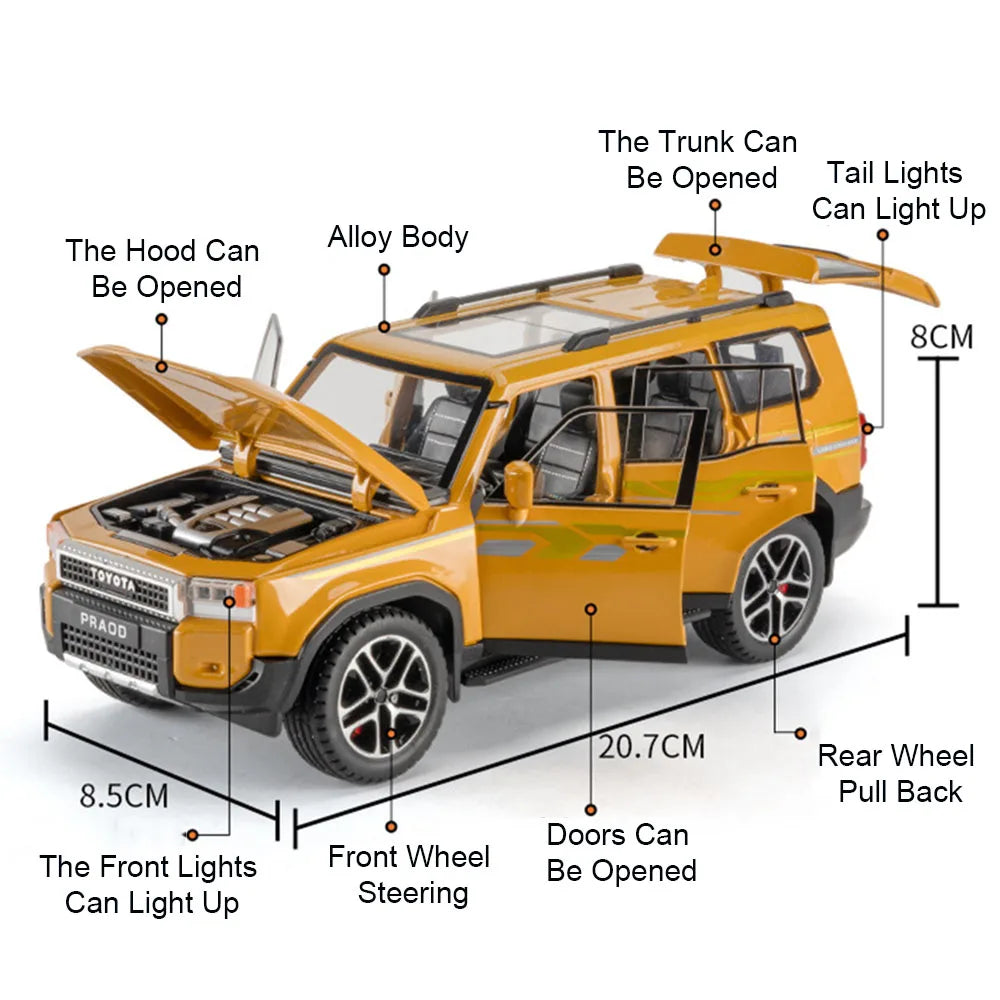 1:24 FJ Cruiser Prado LC250 Car Model Alloy Diecast Toy Doors Opened Sound Light Pull Back Miniature Cars Exquisite Collectibles