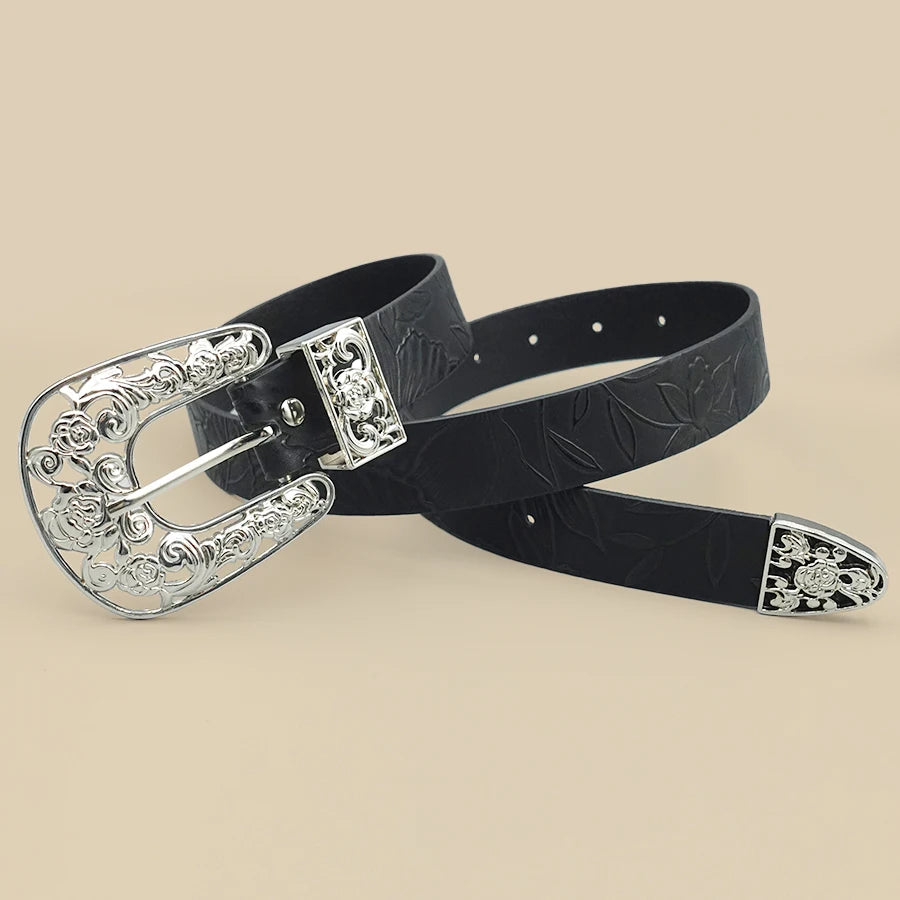 Black Retro Leaf Print Women's Belt Silver Hollow Carved Buckle Daily Commuting, Dating, Casual Accessories