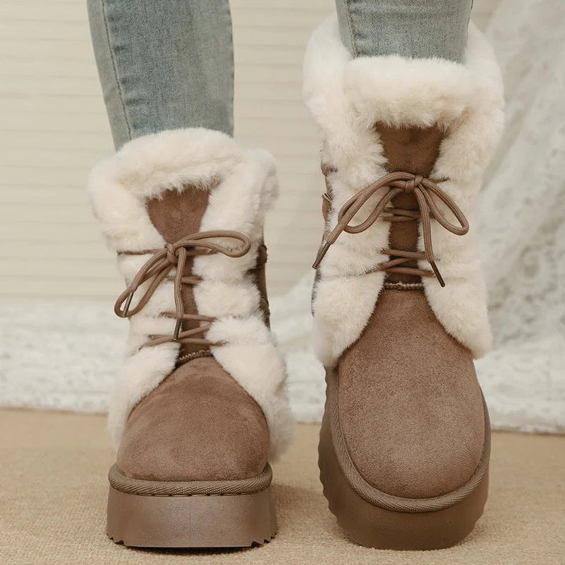 Lace Up Long Plush Snow Boots Women Plus Size 42 Thick Sole Warm Cotton Padded Shoes Woman Thicken Fleece Ankle Boots Female