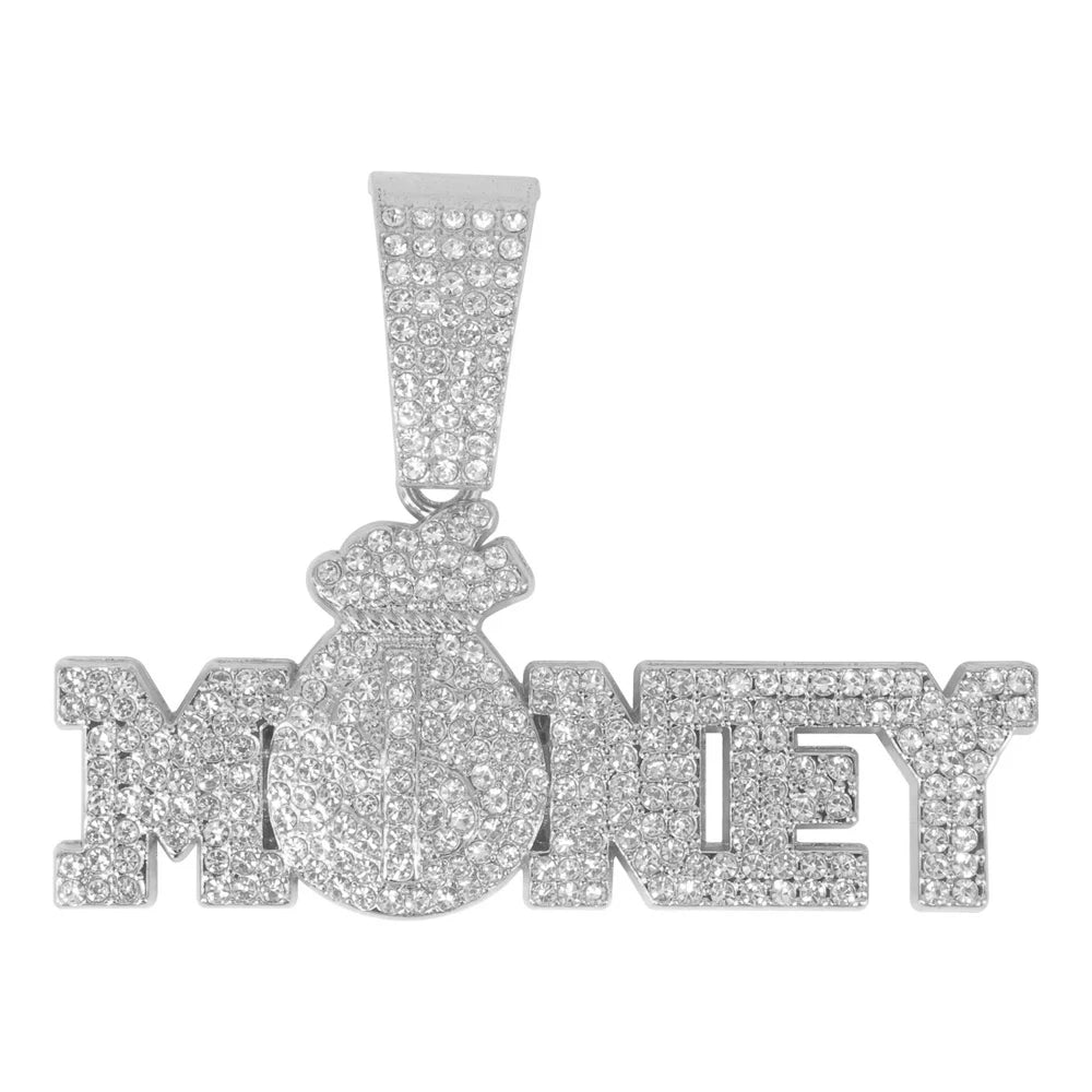 New Iced Out Bling Rhinestone Letters Money Pendant Necklaces,With Cuban Chain Money Bag Dollar Sign Men's Women Hip Hop Jewelry