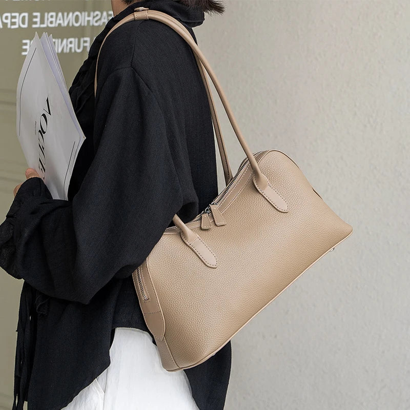 Genuine Cowhide Leather Large Baguette Shoulder Bag for Women Daily Office Pebbled Leather Hobo Tote Bag with Zipper Closure