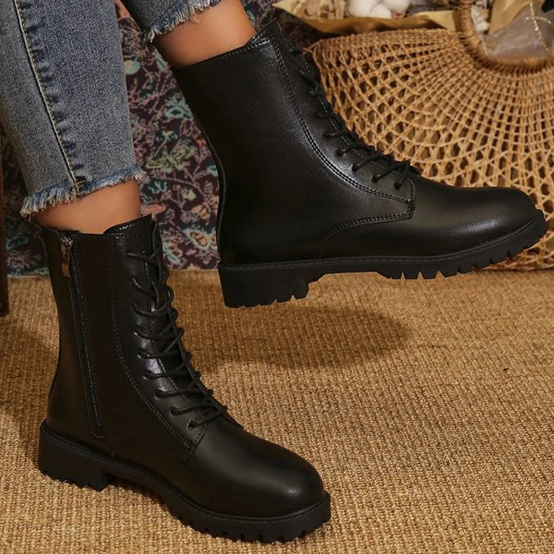 British Solid Zip Ankle Boots for Woman Autumn Winter Round Toe Lace-Up Short Boots Women Pu Leather Shoes Boties Lady