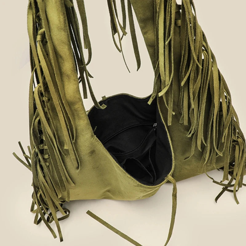 Green Retro Tassel Women Armpit Bag Suede Design Dumpling Shoulder Bag W.Cowboy