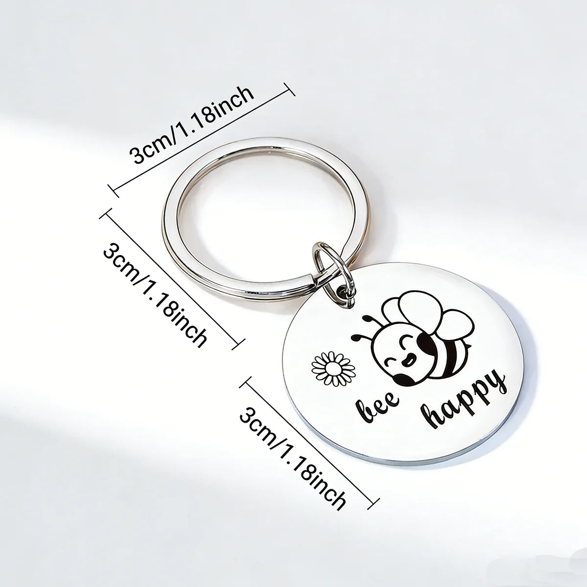 1Pc Happy Bee Keychain – Cute Smiling Bee and Flower Design, Round Metal Key Ring with Durable Clasp, Ideal as a Holiday Gift