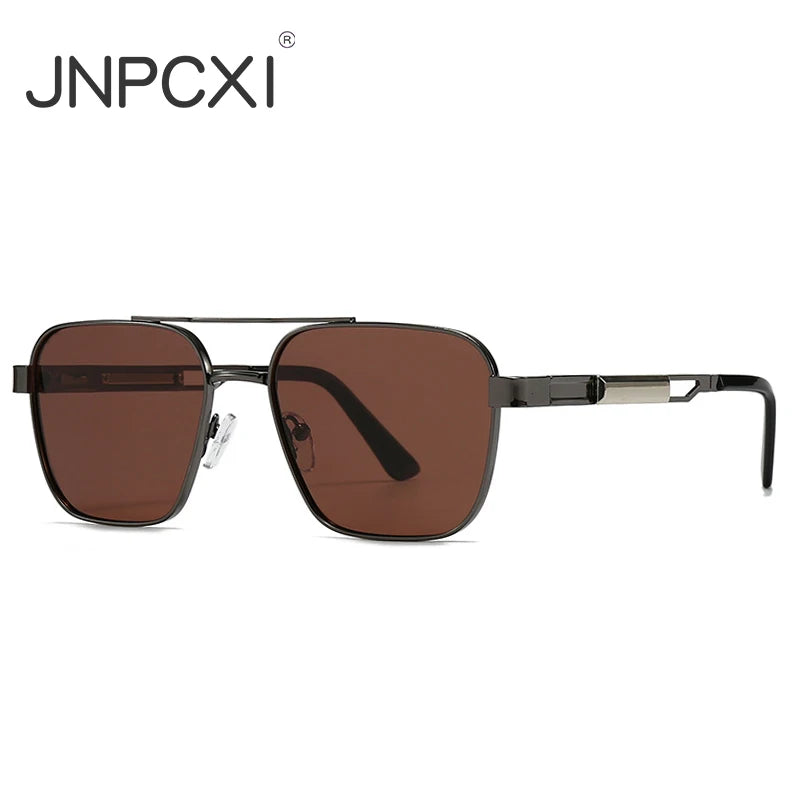 JNPCXI Fashion Double Bridges Square Sunglasses Women Retro Rivets Polarized Men Punk Sun Glasses Shades UV400