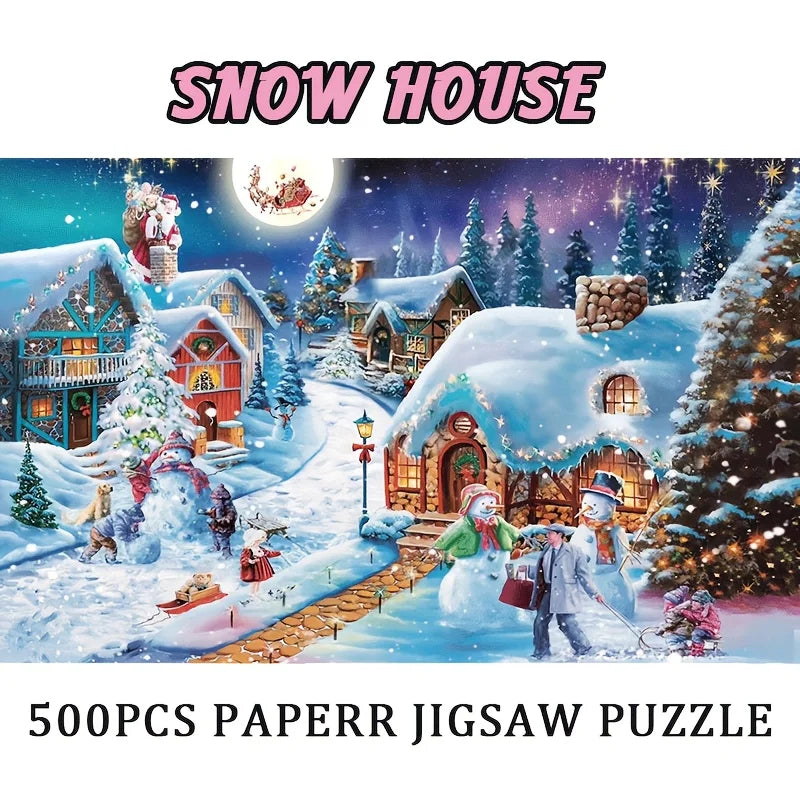 500pcs Christmas Snow House Jigsaw Puzzle - Festive Holiday Scene - 18x11 inches (46x28cm) Family Activities