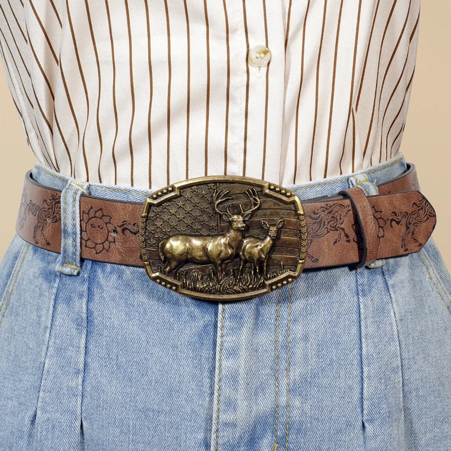 Western Cowboy Street Style Belt - Animal Motif Carved Vintage Print for Daily Wear, Commute & Casual Outfits