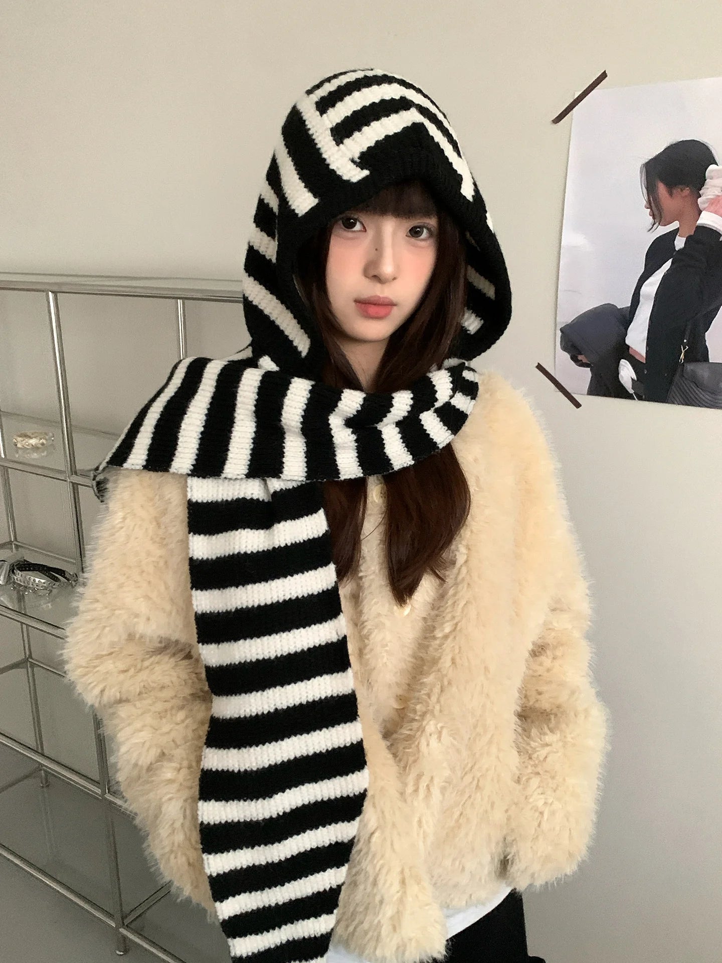 Woolen Korean Style Black And White Striped Knitted Balaclava For Women Winter Warm Ear Protection Hat Scarf One Piece