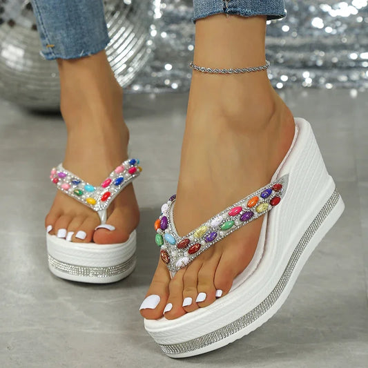 Colored Rhinestone Chunky Wedges Flip Flops Women Super High Heel Clip Toe Sandals Woman Plus Size Platform Thick Bottom Sandles