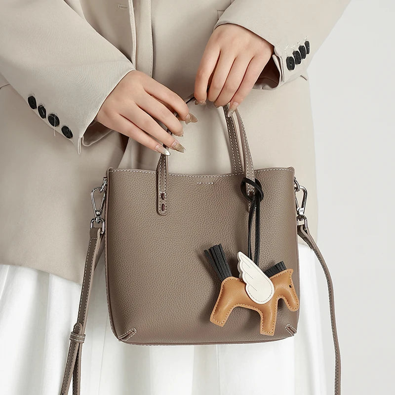 Genuine Cowhide Leather Mini Tote Bag for Women Pebbled Leather Bucket Bag with Horse Charm Luxury Designer Patchwork Handbag