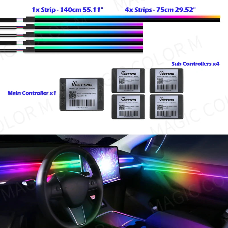 140cm/55.1inch Car Ambient Lights Universal LED Symphony RGB Atmosphere Lamp Acrylic Strips APP Control for Tesla Model 3 Y S X