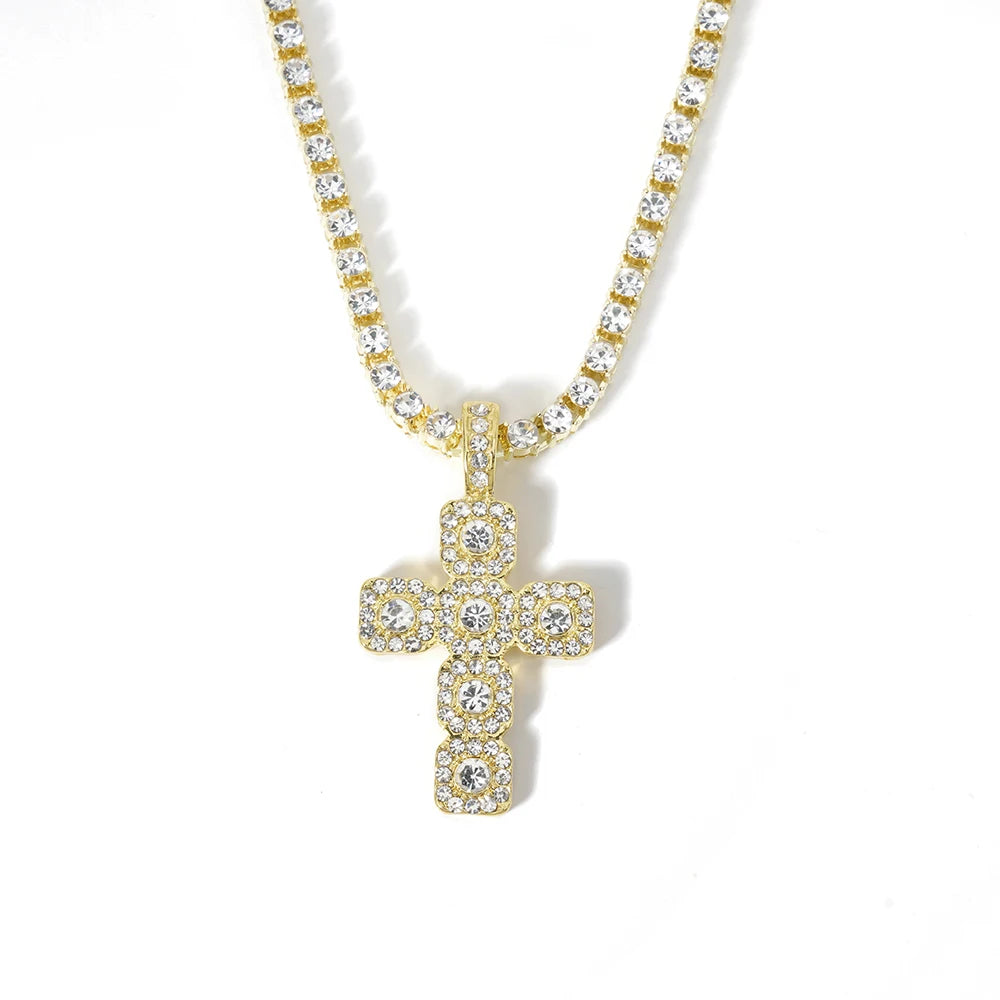Women Hip Hop Cross Pendant Necklace Strap Men 4mm Rhinestone Tennis Chain Iced Sparkling Necklace Punk Jewelry Fashion Gift
