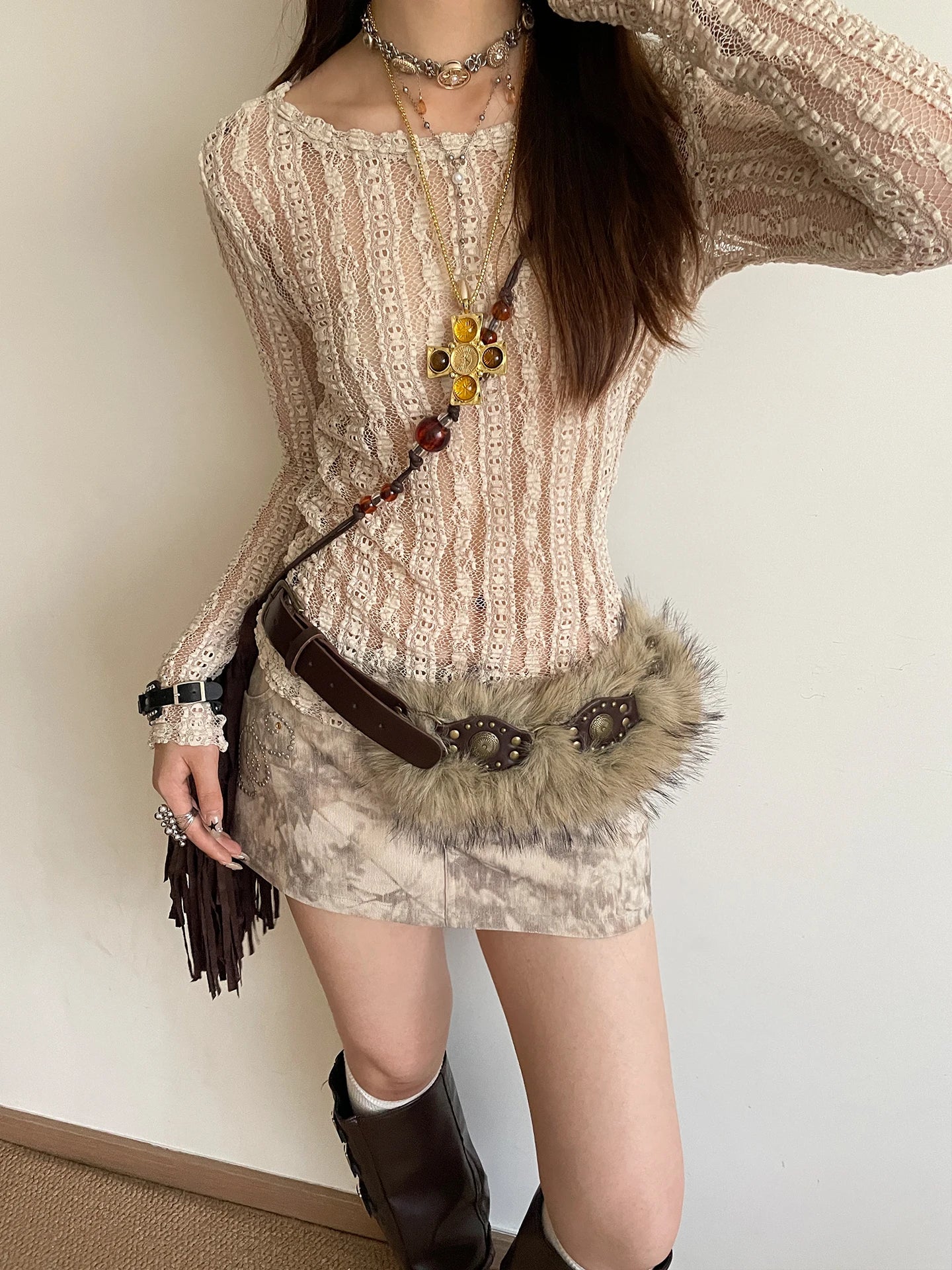 American Y2K Style Girl Punk Style Fluffy Patchwork Rivet Belt Women's Niche Personality Belt Waistcoat