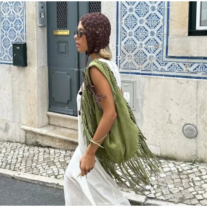 Green Retro Tassel Women Armpit Bag Suede Design Dumpling Shoulder Bag W.Cowboy