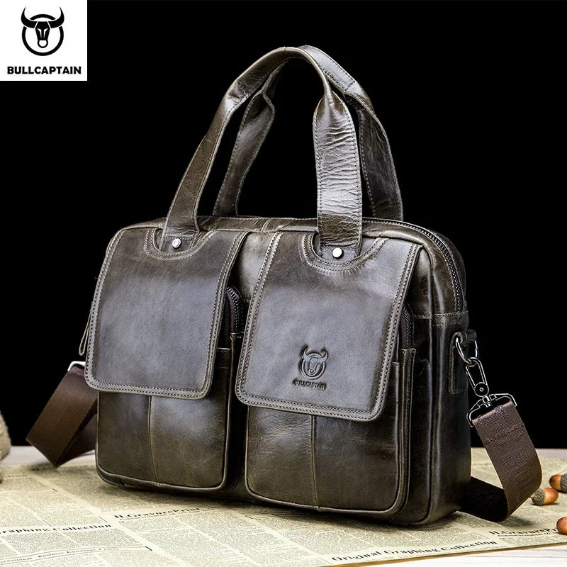 BULLCAPTAIN Men's Real Leather Briefcase 14 Inch Laptop Sleeve ,Casual Shoulder Messenger Bag, Tote, Work, Office, 042