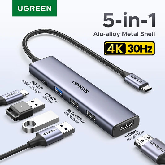 USB HUB 5-in-1 Type-C to 4K HDMI PD100W USB3.0 HUB Multiport Adapter for Laptop