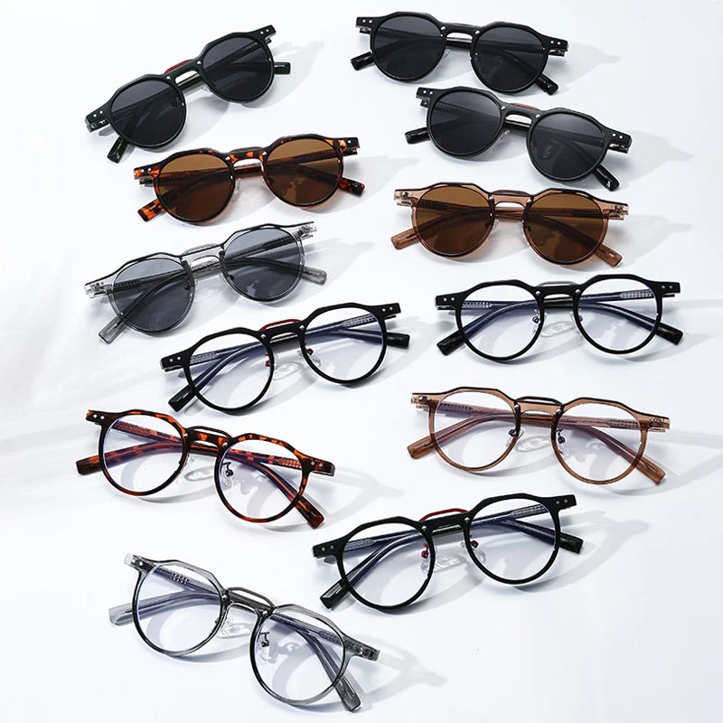 JNPCXI New Round Sunglasses Women Rivets Punk Gray Shades UV400 Fashion Men Clear Anti Blue Light Glasses Frame