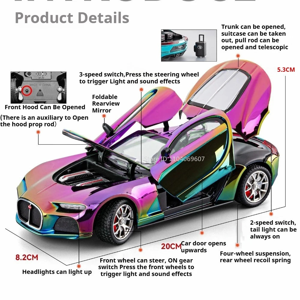 1:24 Tourbillon Atlantic Alloy Miniature Sportscar Model Diecast Toys Sound Light Pull Back Doors Opened Vehice Collect Ornament
