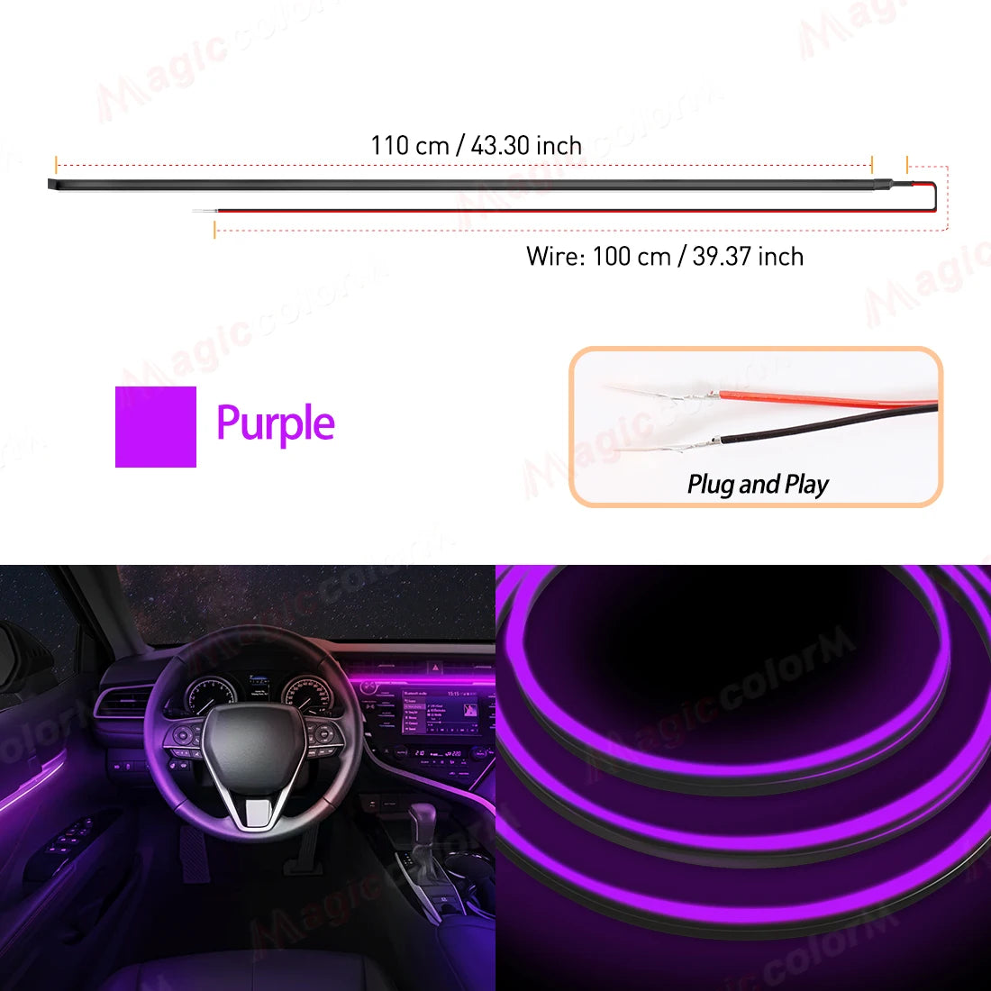 EL Wire Car LED Ambient Light Car Interior Decorative Lamp For Universal DIY Flexible Hidden Cuttable Colour Acrylic Strip 110cm