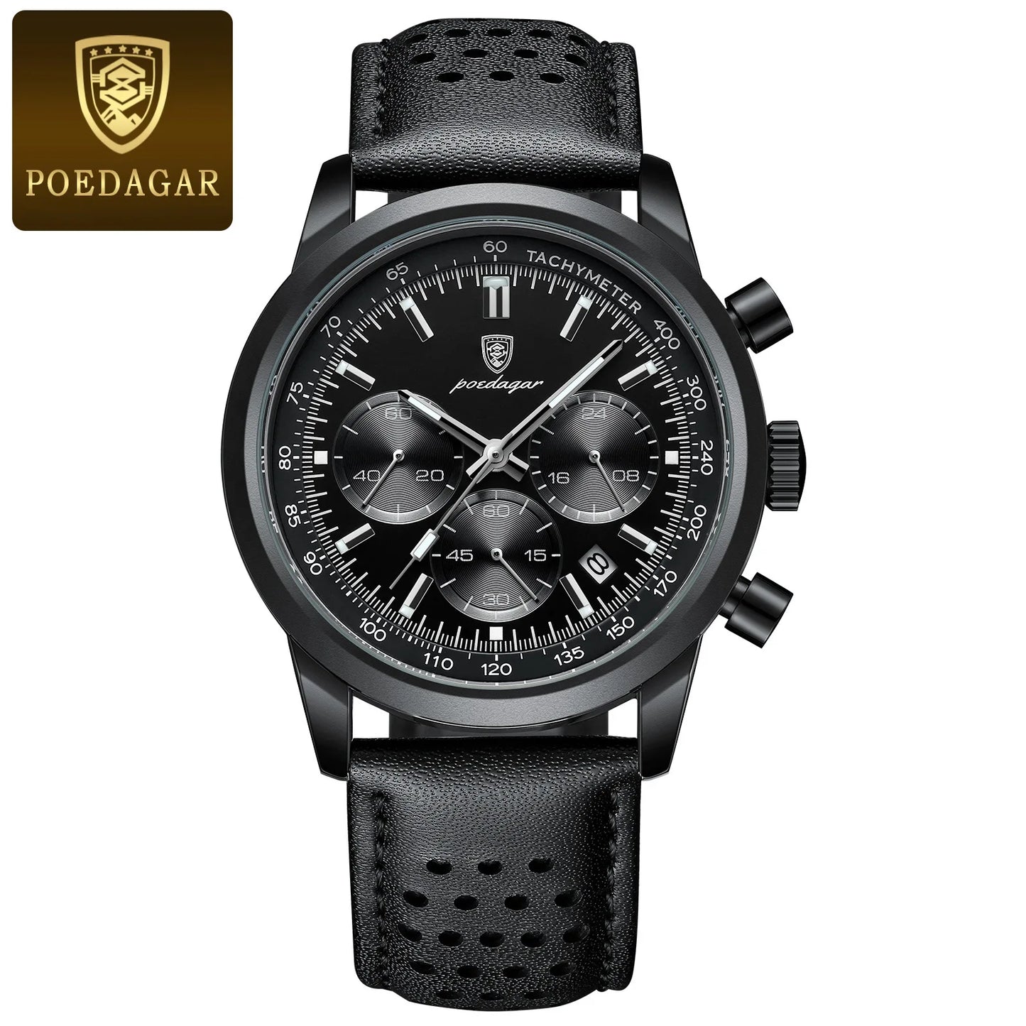 POEDAGAR Luxury Waterproof Chronograph Men' Leather Full Black Quartz Wristwatch
