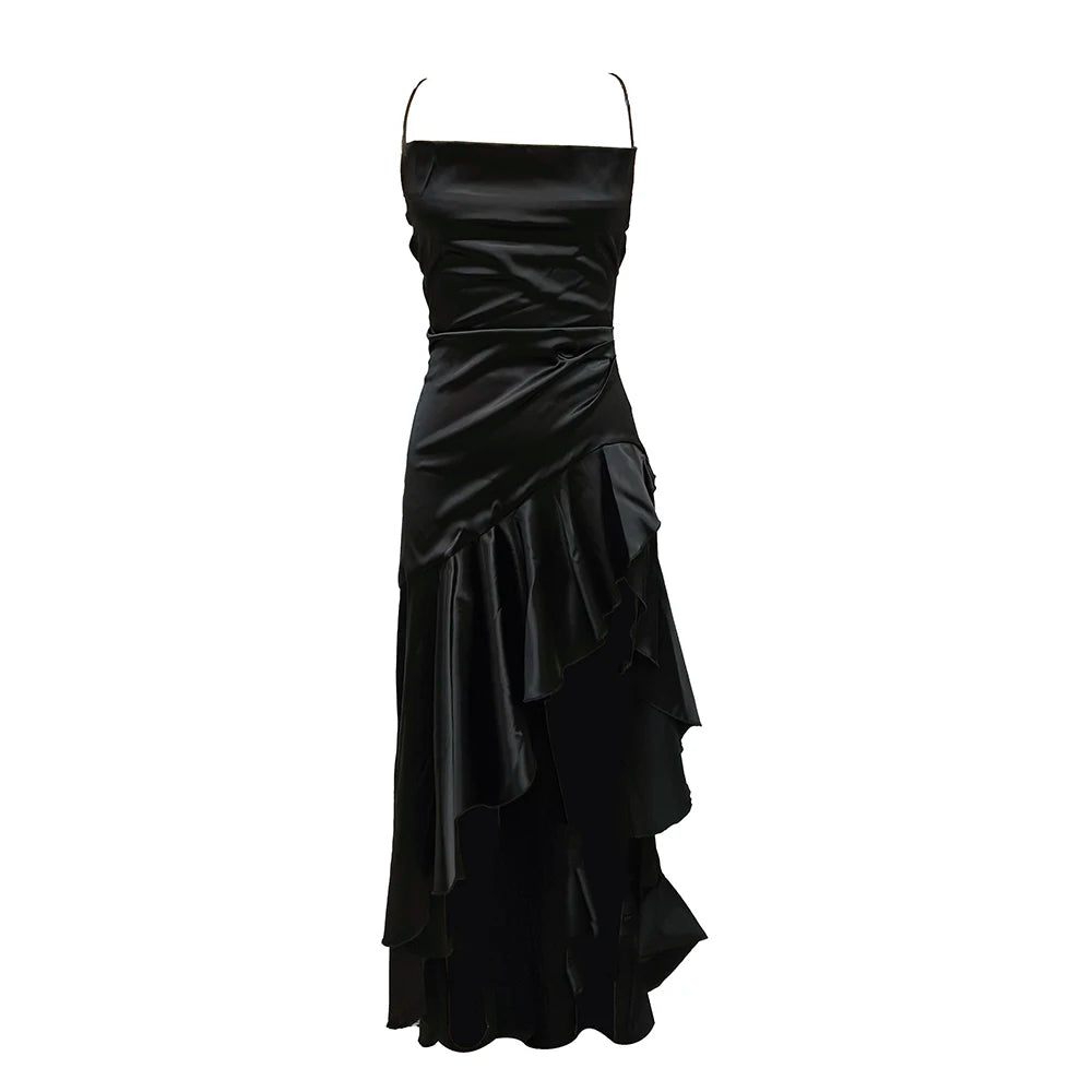 Women Elegant Black Satin Maxi Dress, Crisscross Spaghetti Straps, High Dress