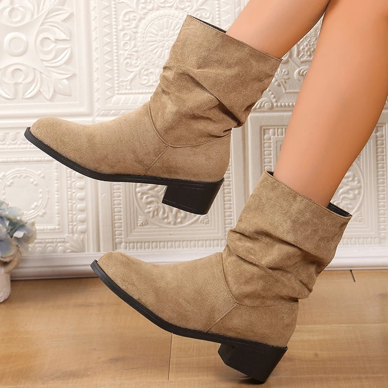 2025 Slip On Thick Heels Ankle Boots Women 2025 Plus Size 35-43 Faux Suede Boots Woman Autumn Winter Block Heeled Short Booties