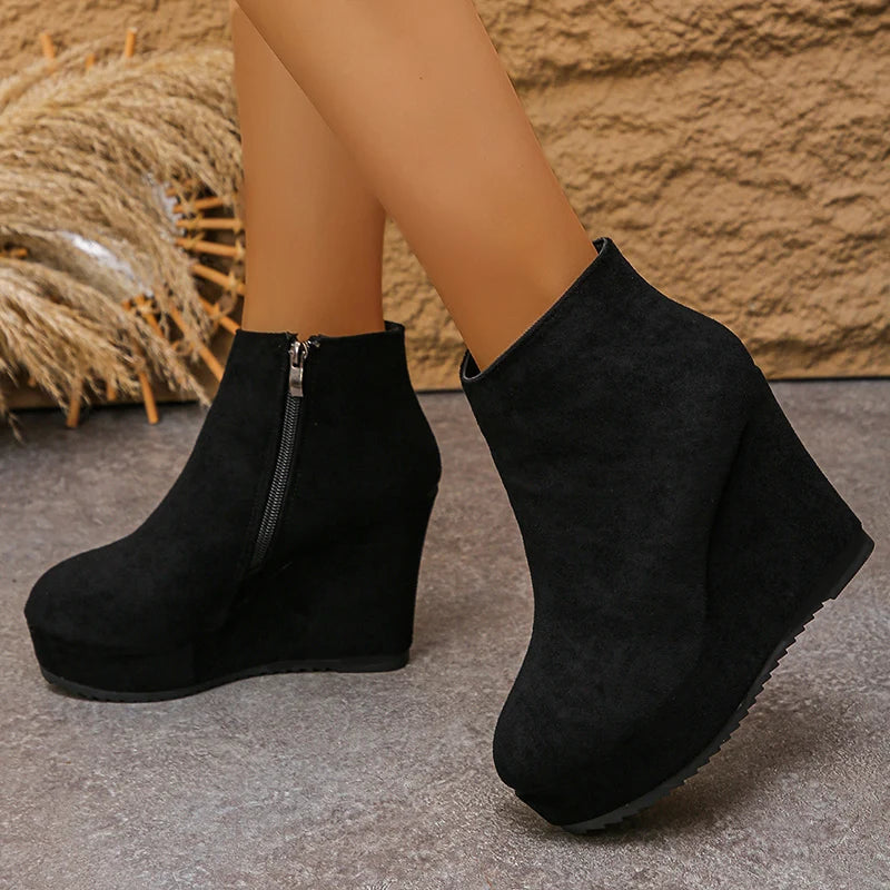Black Wedge High Heel Ankle Boots Women Faux Suede Chunky Platform Boots Woman 2025 Plus Size 35-42 Zipper Short Booties Mujer