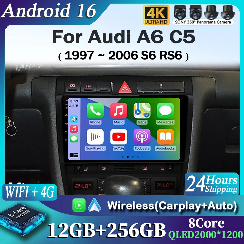Android 15 Car Autoradio Multimedia Video Player for Audi A6 C5 1997-2006 S6 RS6 GPS Stereo Audio Wireless Carplay Head Unit