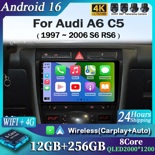 Android 15 Car Autoradio Multimedia Video Player for Audi A6 C5 1997-2006 S6 RS6 GPS Stereo Audio Wireless Carplay Head Unit