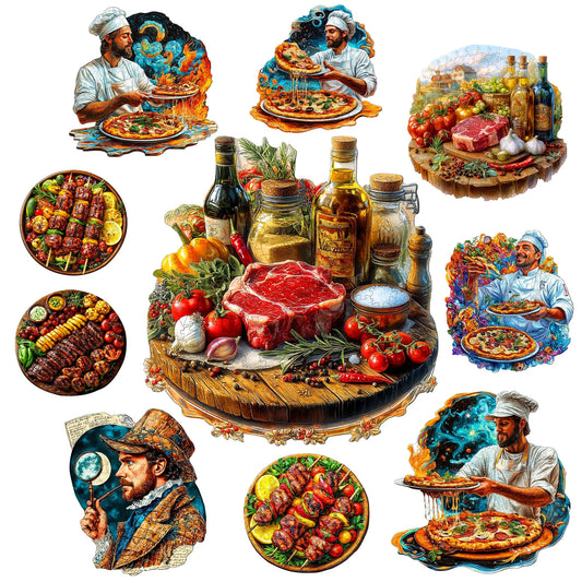Gourmet Feast Theme Wooden Jigsaw Puzzle Wood Home Decor Painting Christmas and Halloween Gift Toy For Teen And Kid