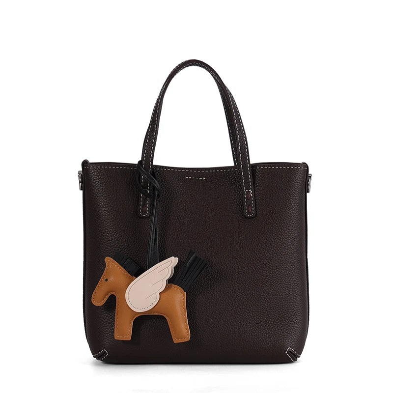 Genuine Cowhide Leather Mini Tote Bag for Women Pebbled Leather Bucket Bag with Horse Charm Luxury Designer Patchwork Handbag