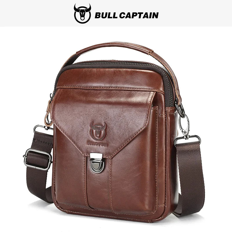 BULLCAPTAIN Men's Genuine Leather Bag Business Casual Shoulder Bag Anti-Theft Lock Fashion Portable Postman Crossbody Bag Brown