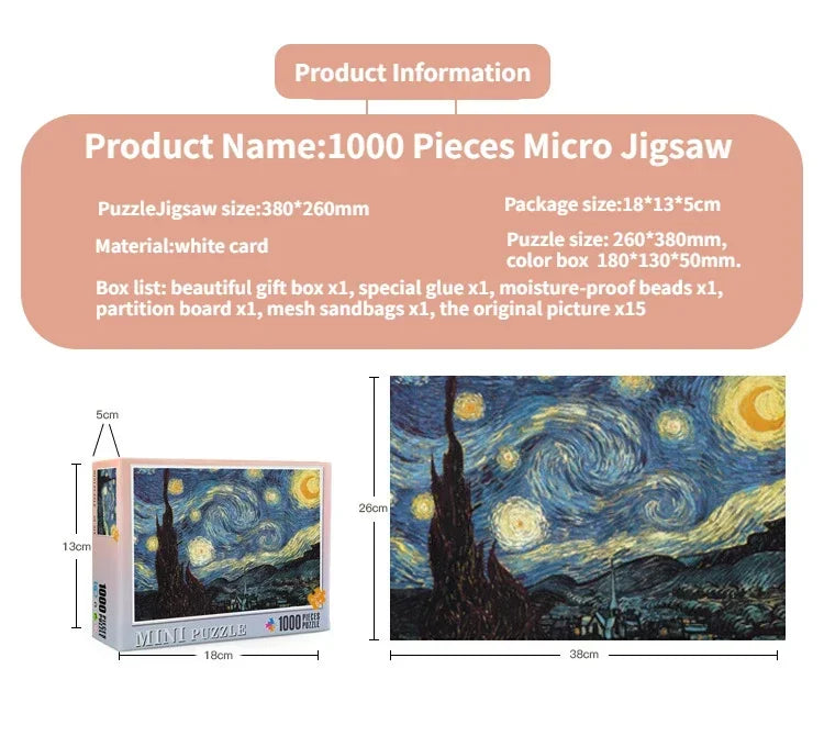 38*26cm Mini Jigsaw Puzzle 1000pcs for Adults Famous Painting Landscape Toy Family Game Home Decoration Festival Present