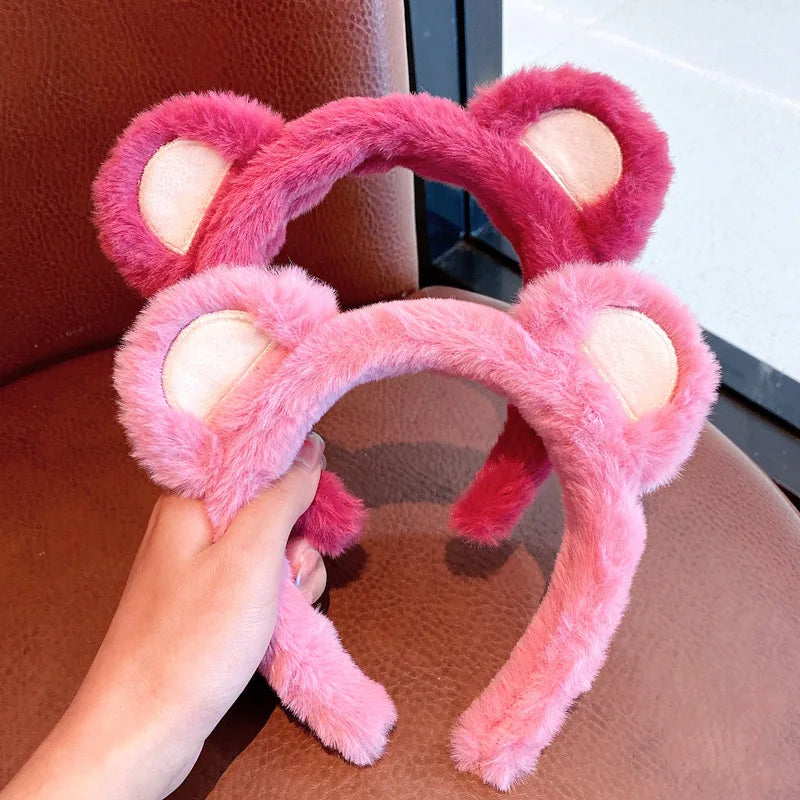 Strawberry Bear Plush Headband for Women Sweet Fashion Girls Face Wash HairBand