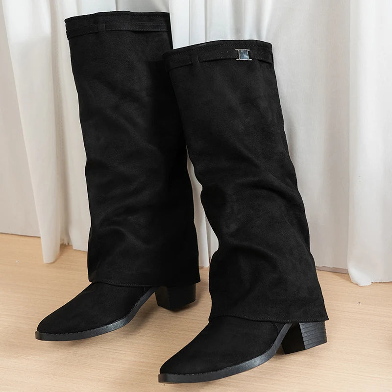 Fashion Flock High Heels Knee High Boots Women Plus Size 36-43 Pointed Toe Shark Boots Woman Slip On Wide Leg Long Botas Mujer