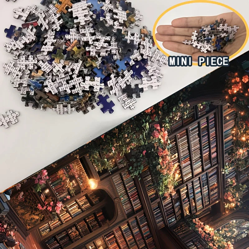 1000pcs Mini Puzzle Featuring Forest Library Art, Measuring 14.96X10.24inch, Decor for Those Who Love Books And Nature.