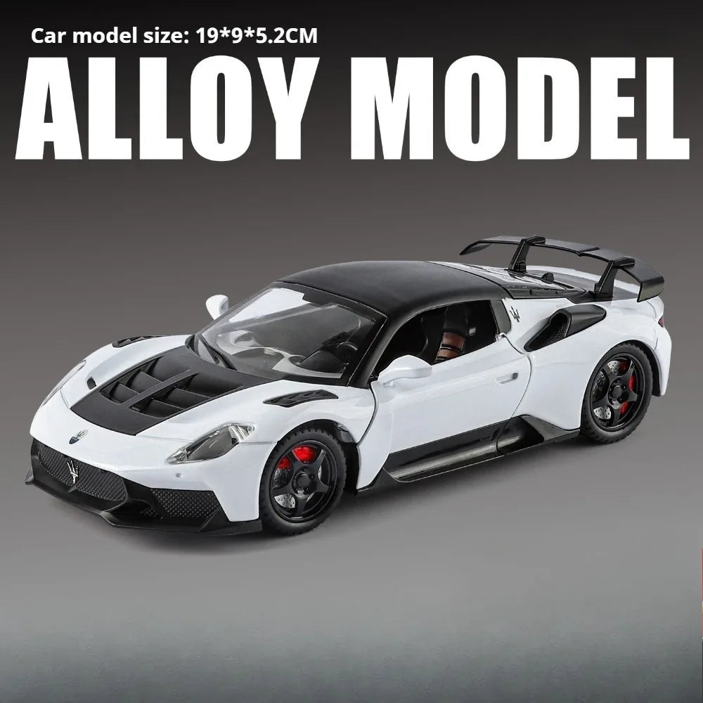 1:24 MC20 GT2 Sportscar Model Alloy Diecast Toys Front Wheel Steering Sound Light Pull Back Miniature Vehices Kid Christmas Gift