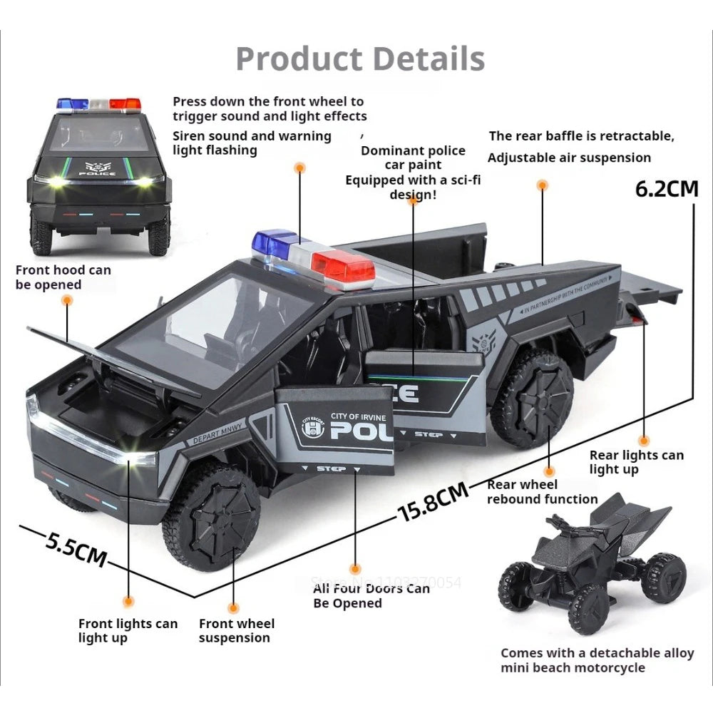 1: 32 Pickup Truck Alloy Diecast Police Car Model Toys Doors Opened Sound Light Pull Back Miniature Vehices Decorative Ornaments