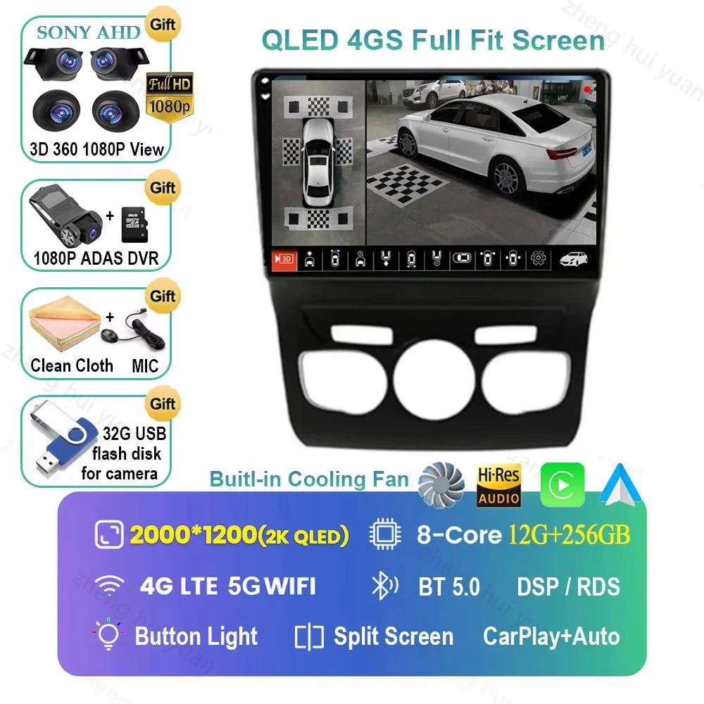 For Citroen C4 C4L DS4 2013 2014 2015 - 2017 Android 16 GPS WIFI 4G Carplay&Auto Car Radio Navigation QLED Multimedia Stereo Pla