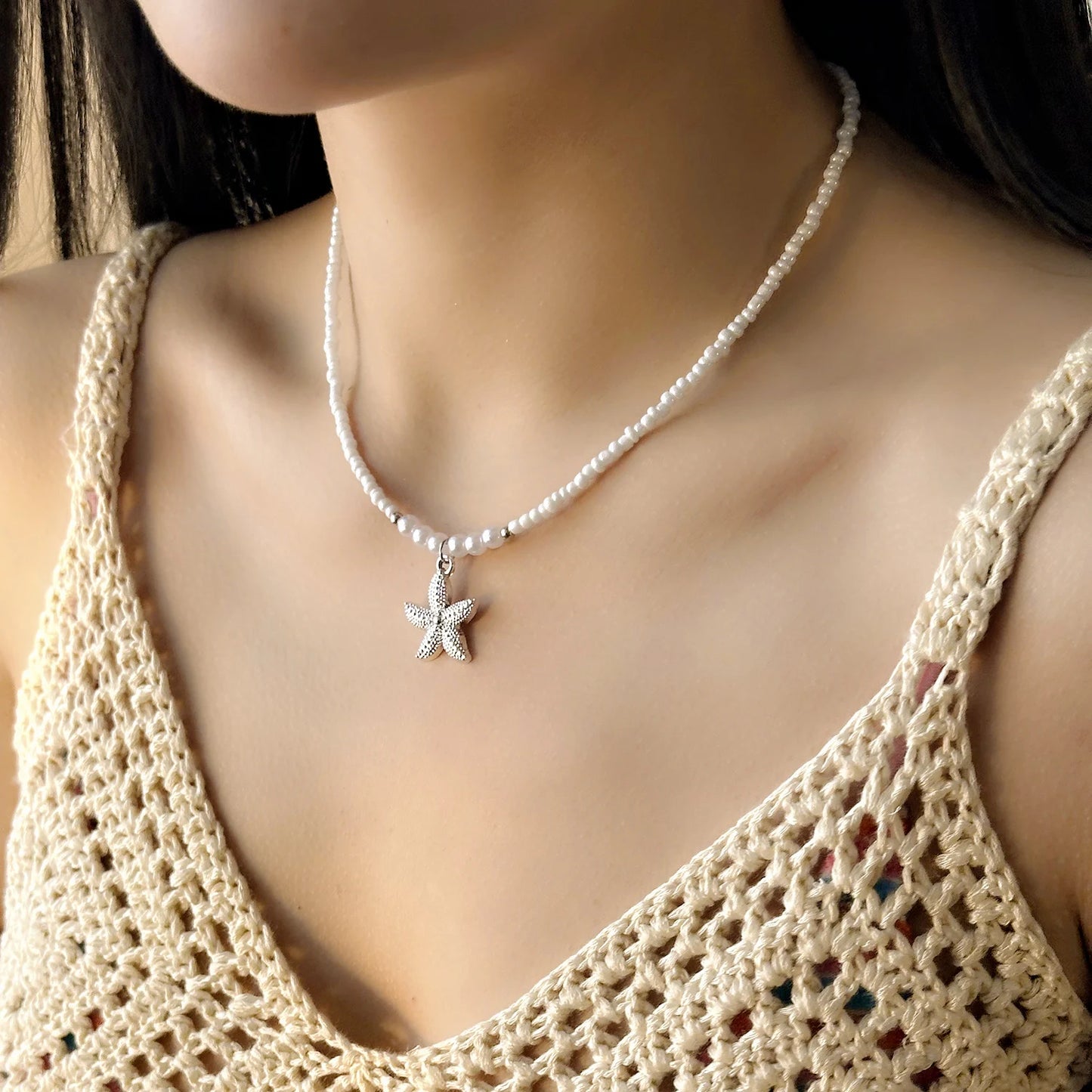 Boho Cute Starfish Shell Rice Beads Necklace for Women Summer Beach Sexy Short Choker Neck Chain Jewelry Vacation Accessories