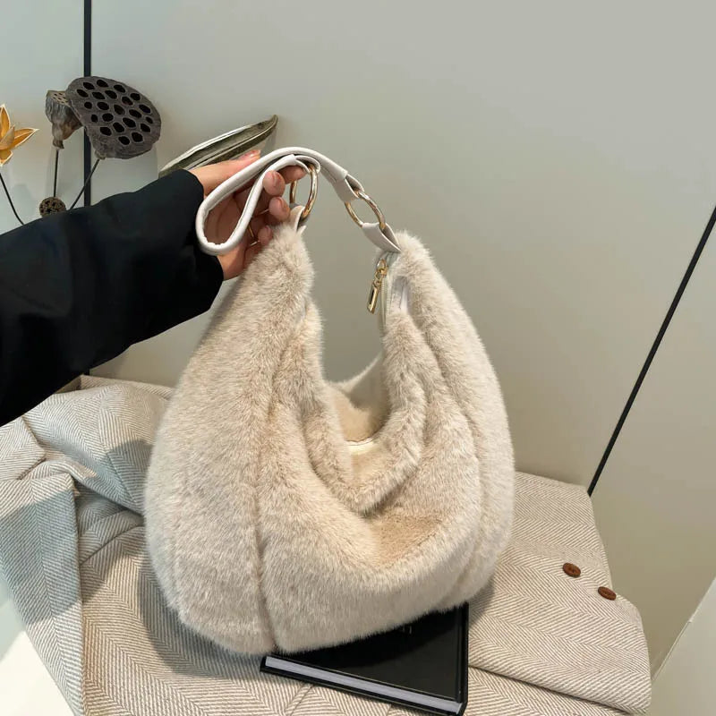 Winter Cotton Fabric Zipper Soft Shoulder Bags Large Capacity Versatile Handbags 2026 High Quality Furry Sweet Women's Bags
