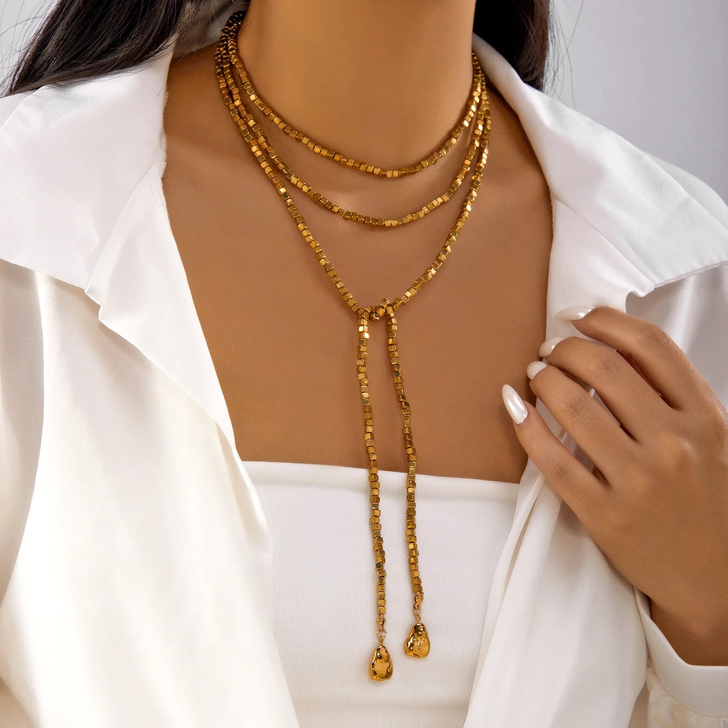 Boho Irregular CCB Beaded Long Necklace for Women Hip Hop Creative Sexy Y-Shaped Clavicle Chain Holiday Party Jewelry Accessory