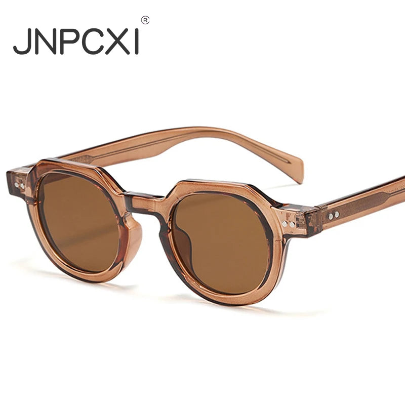 JNPCXI New Retro Rivets Round Sunglasses Women Shades Fashion Clear Lens Frame Men Punk Tea Sun Glasses UV400