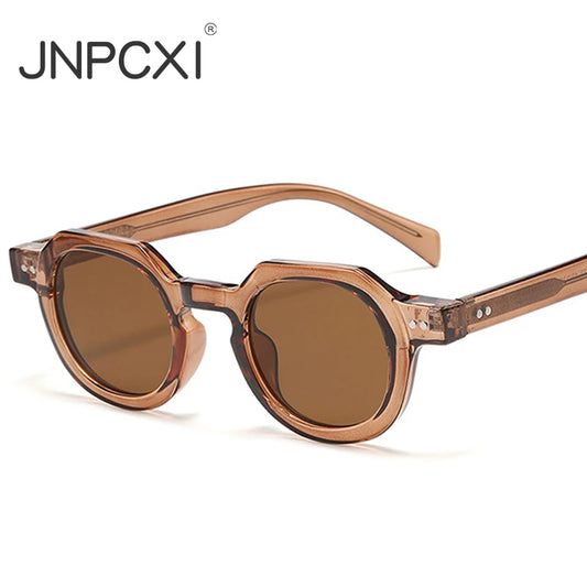 JNPCXI New Retro Rivets Round Sunglasses Women Shades Fashion Clear Lens Frame Men Punk Tea Sun Glasses UV400