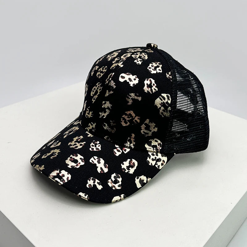 New Women Bronzing Leopard Print Criss Cross Tail Baseball Hats Mesh Breathable Sunshade Versatile Trucker caps Fashion Washed