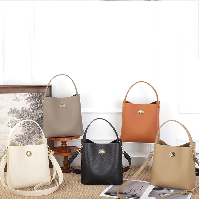 Women's Top grain Leather Handbag Female Large Capacity Bucket Bag Cowhide Genuine Leather Soft Tote Crossbody shoulder Bag