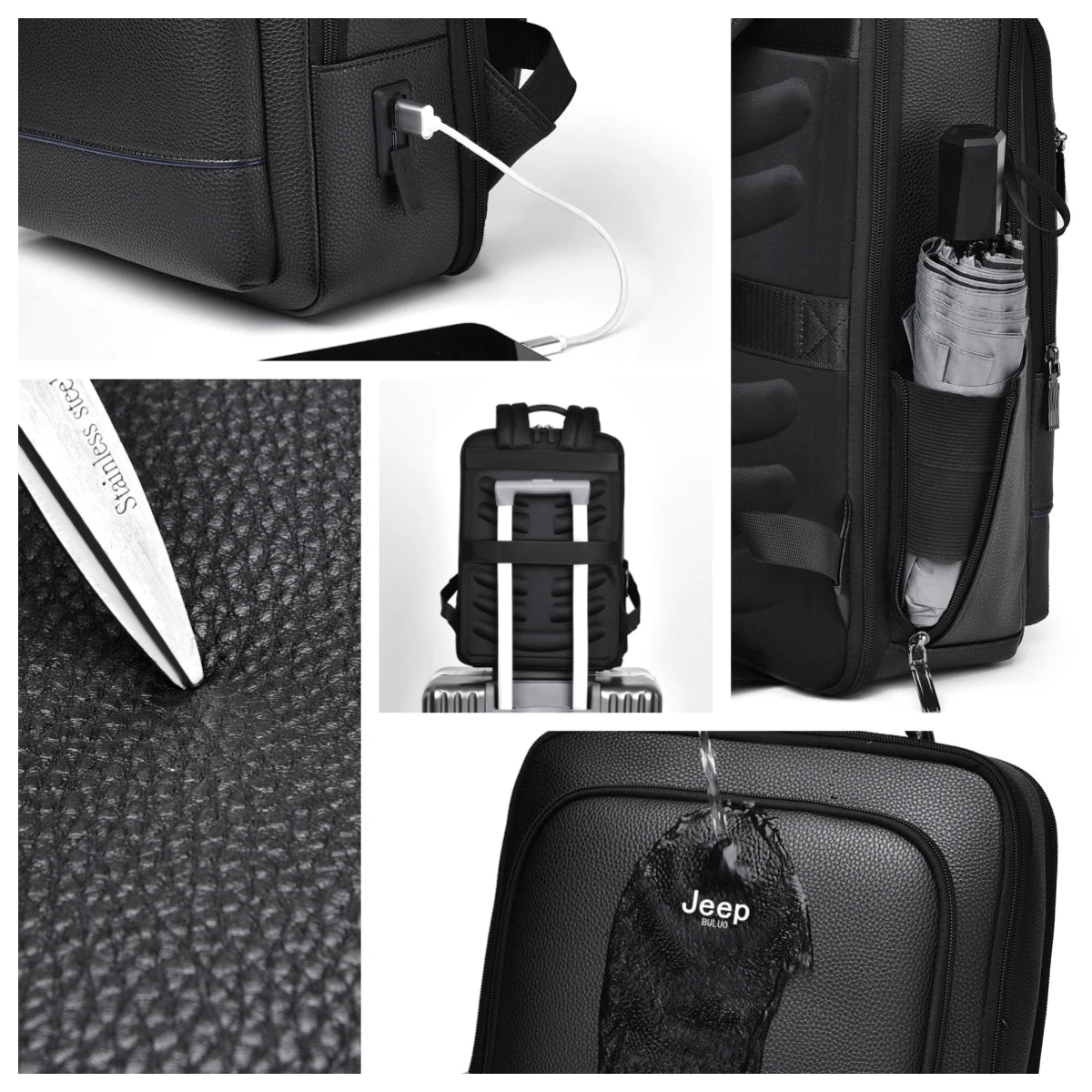 JEEP BULUO Men'Genuine Leather Business Backpacks Black Casual 15.6" Laptop bag