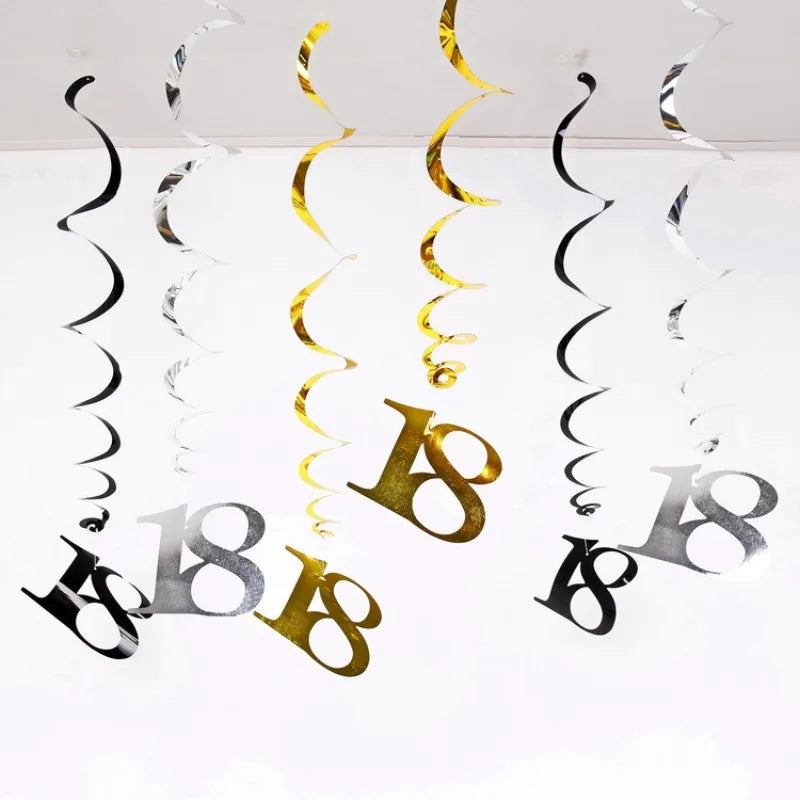 6pcs/set Spiral 18 21 25 30 40 50 60 70 80 90 Years Birthday Swirls Hanging Ornament Birthday Hanging Garland Party Decoration