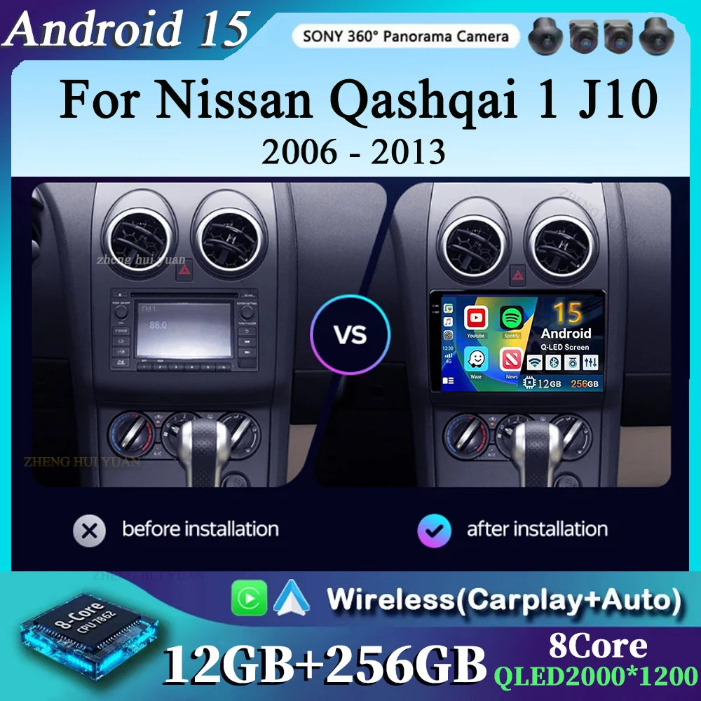For Nissan Qashqai 1 J10 2006 - 2013 Android 15 4G WIFI Car Radio Carplay Auto Multimedia Stereo Video Player GPS Navigation