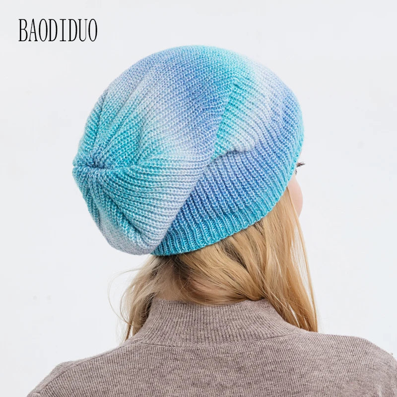 Xinbaoguan 60% acrylic 9858 autumn and winter new knitted hat trend gradient tie dye warm hat rainbow fashionable woolen hat